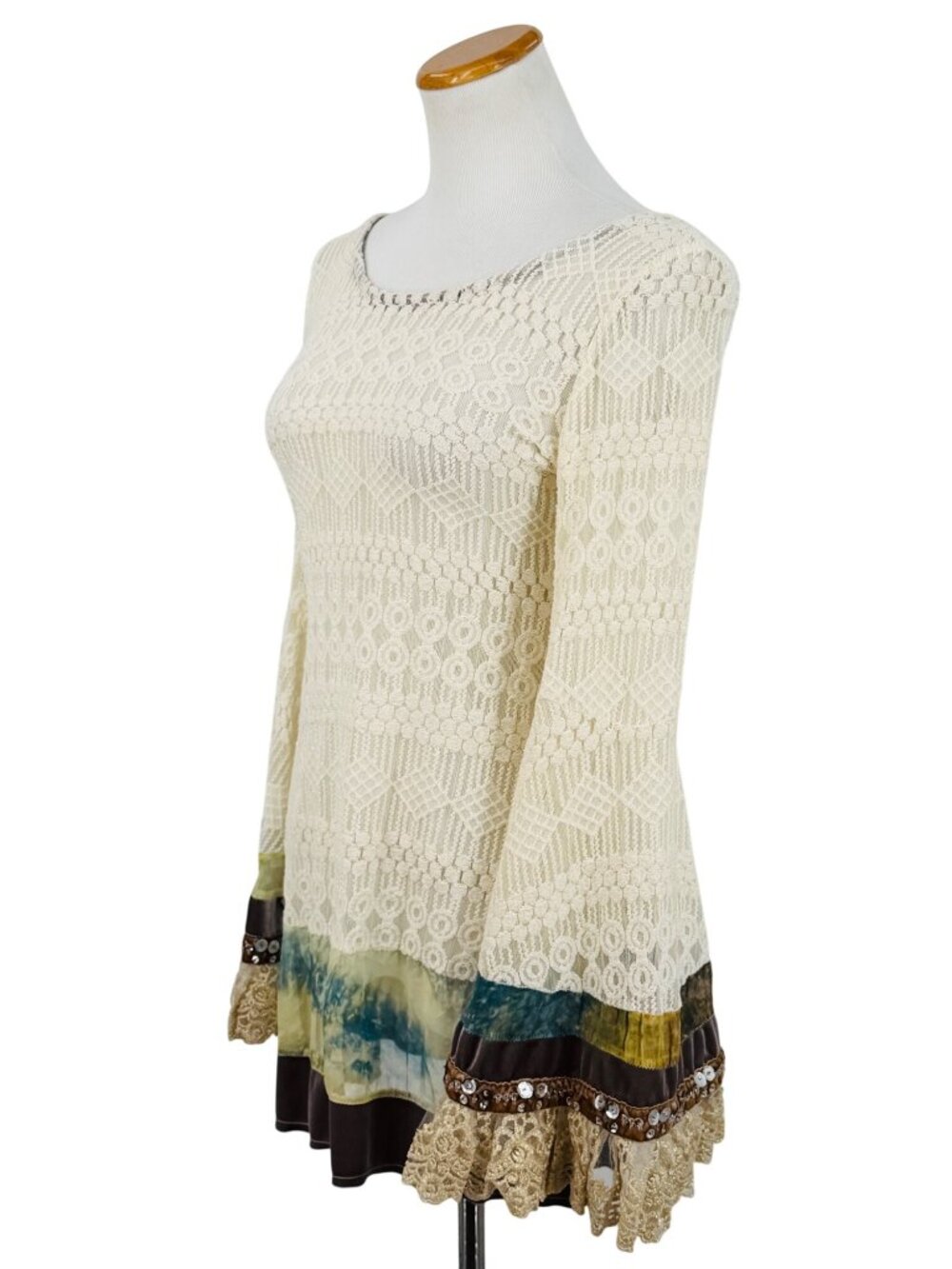 RARE Free People Embellished Bell Sleeve Lace Tunic Mini Dress S/M | Boho Indie - Picture 10 of 17
